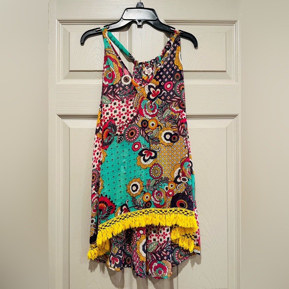 ALTR’d STATE Fun Patterned Sheer Tank w/ Fringe size Large